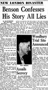 News Article: "New London Disaster: Benson Confesses His Story All Lies"; Joe Davenport, East Texas Editor; Tyler Morning Telegraph (Tyler, Texas); 21 Jul 1961, Fri; Page 1.